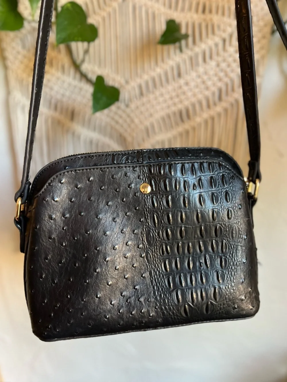 Vintage Black Embossed Leather Croc Ostrich Crossbody Bag Gold Hardware 90s
